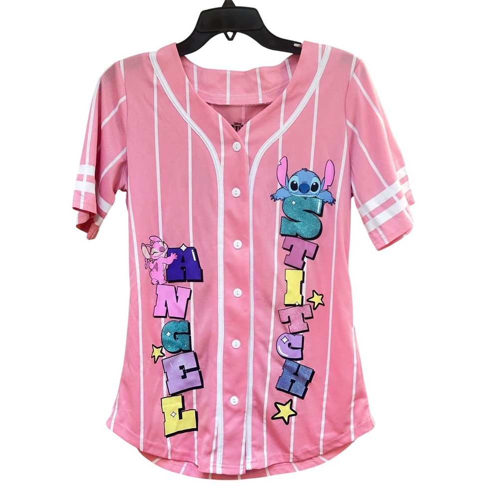 Disney Lilo & Stitch Angel Pink Pinstripe‎ Baseball Jersey Button Front Large L
